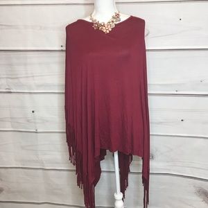 Love In Maroon Fringe Poncho | Boho Burgundy Wrap with Fringe Hem | Size S/L